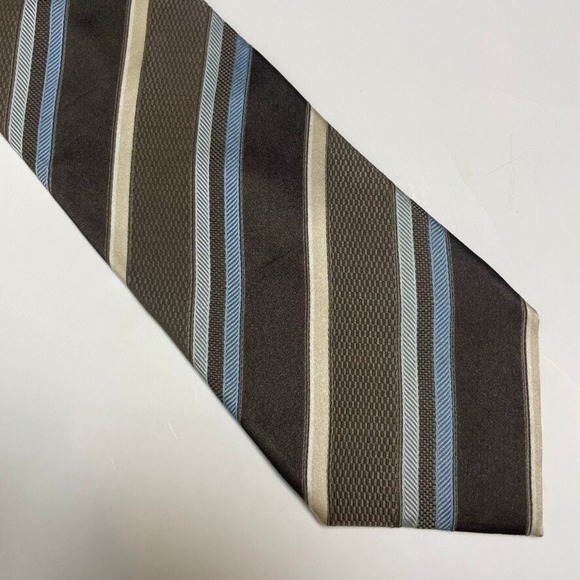 Ermenegildo Zegna Men's Necktie Tie 3.5" Silk Light Blue Tan Striped Pattern - Picture 2 of 5